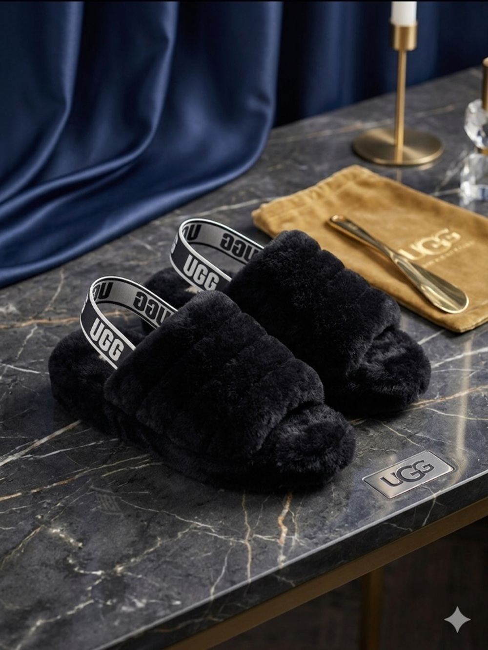 UGG Black Plush Logo Slingback Slides